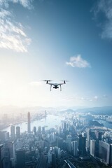 A drone is flying over a city with a clear blue sky