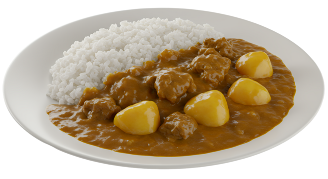 Delicious savory curry with tender meat and potatoes served alongside fluffy rice - Powered by Adobe