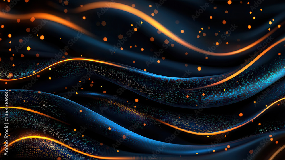 Poster navy and gold flowing silk like patterns with glowing particles create luxurious and dynamic abstrac