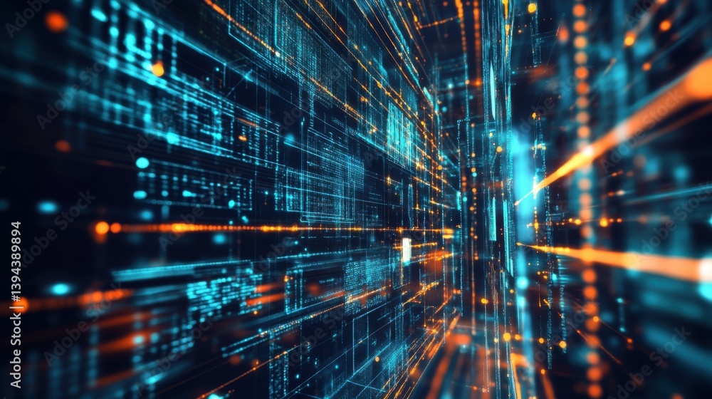 Poster a visually striking digital representation of data streams flowing through a futuristic space, showc