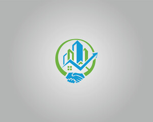 Real Estate Logo with Handshake and Growth Arrow Logo Design Vector Template.
