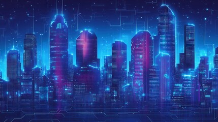 A vibrant, futuristic city skyline illuminated with neon lights, featuring tall skyscrapers and digital elements, creating a sci-fi atmosphere.