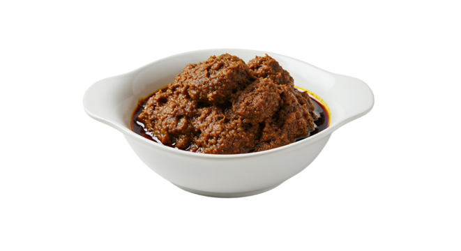 Delicious savory meat dish in white bowl perfect for culinary insights