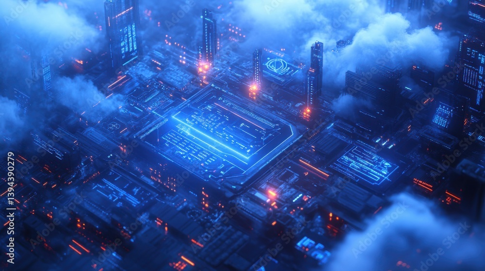 Poster a futuristic cityscape with glowing circuits and skyscrapers shrouded in clouds, creating a high-tec