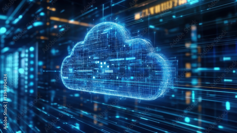 Poster a digital representation of a cloud symbol, illuminated with blue light and data streams, emphasizin