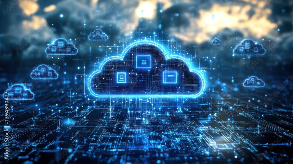 Poster a digital representation of a cloud computing concept, featuring glowing clouds and data networks, s