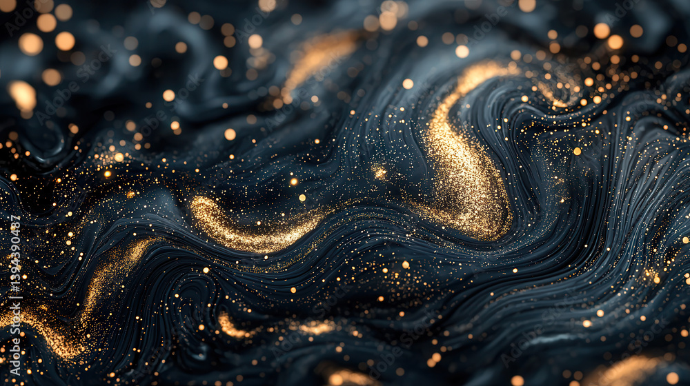 Poster luxurious navy and gold marbled texture with glowing neon like golden sparkles, creating elegant and