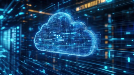 A digital representation of a cloud symbol, illuminated with blue light and data streams, emphasizing technology and cloud computing.
