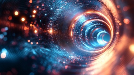 Abstract Swirling Energy Tunnel with Blue and Orange Glowing Particles