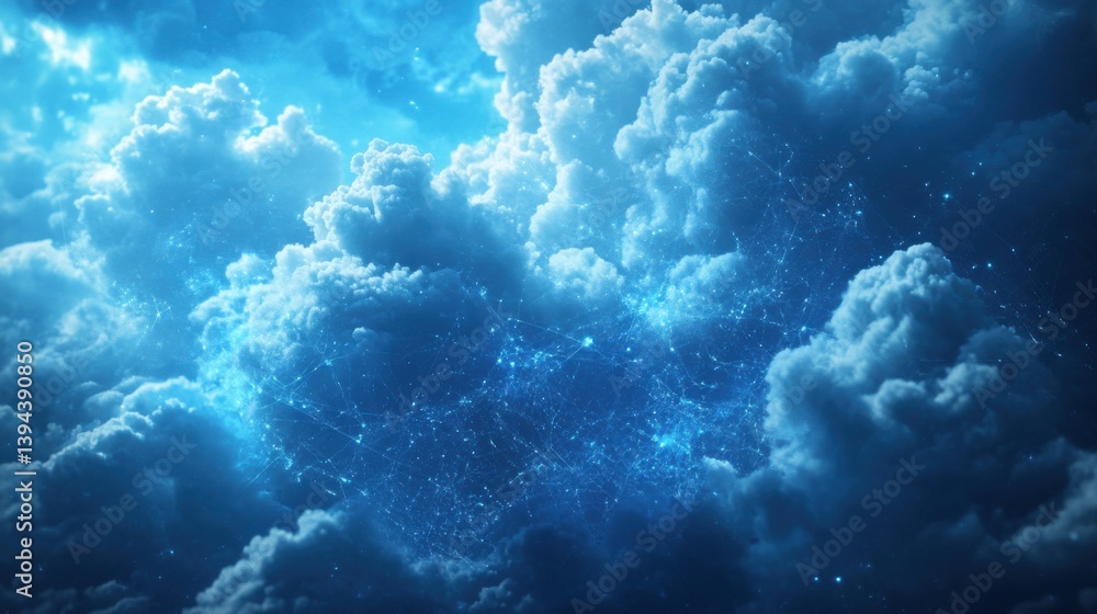 Poster a breathtaking view of luminous clouds interspersed with a web of stars, creating a dreamy, ethereal