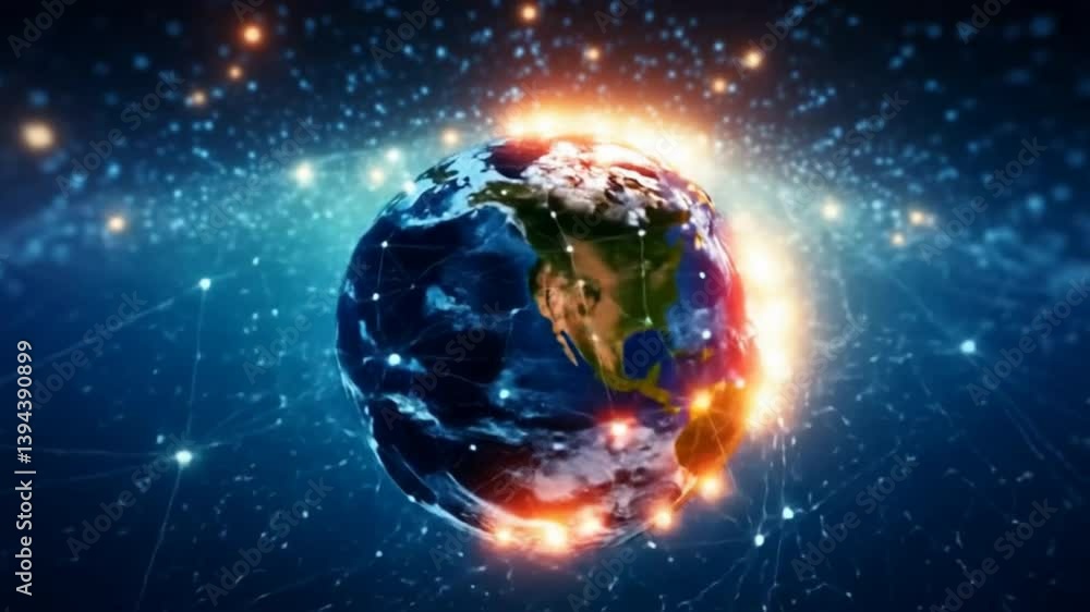 Poster a dynamic representation of earth, showcasing interconnectedness through glowing lines and bright en