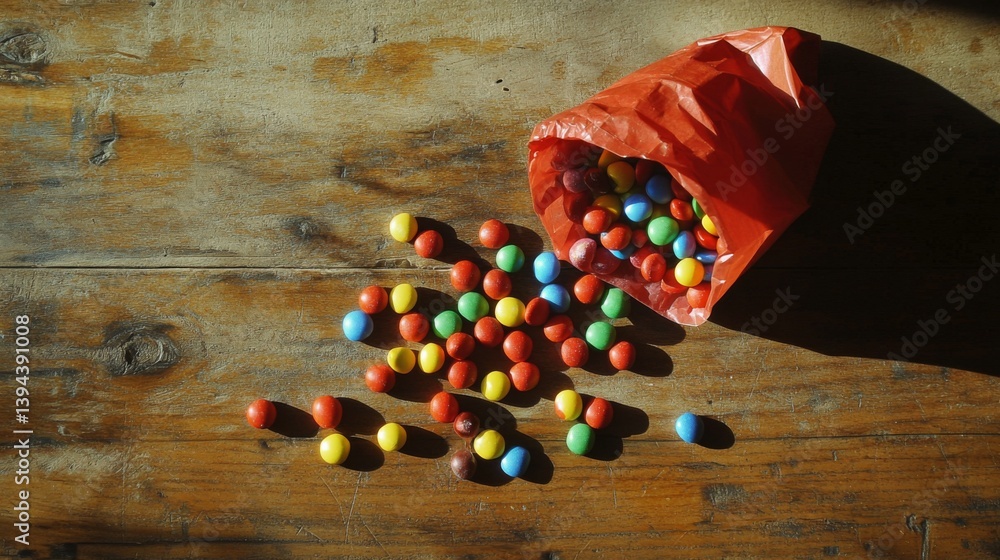 Aufkleber a playful layout of rainbow-colored candies scattered on a wooden table, with a few candies spilling