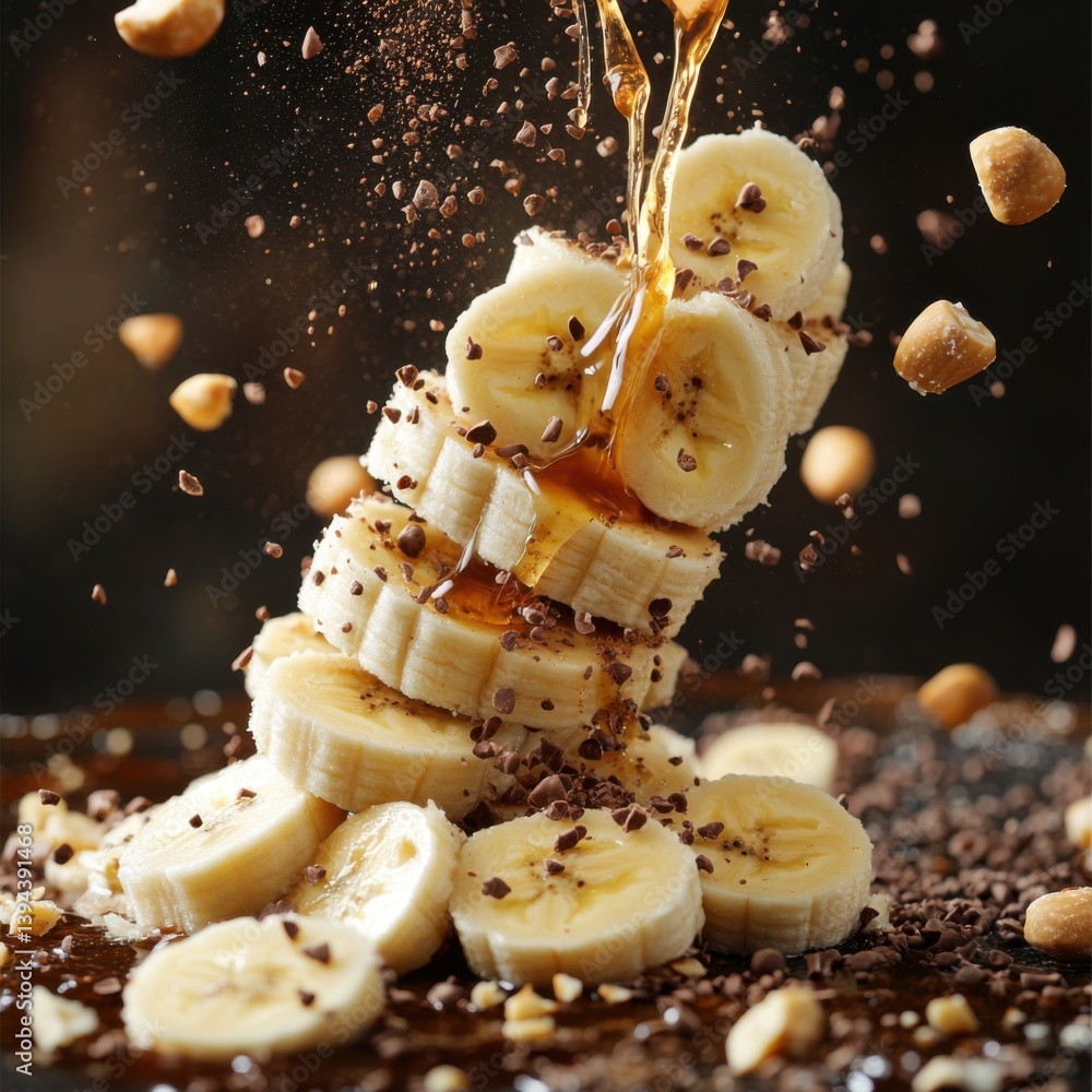 Poster a dynamic scene of banana slices being topped with chocolate and syrup, creating an enticing, delici