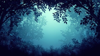 Fototapeta premium Mystical blue forest scene with fog and trees.