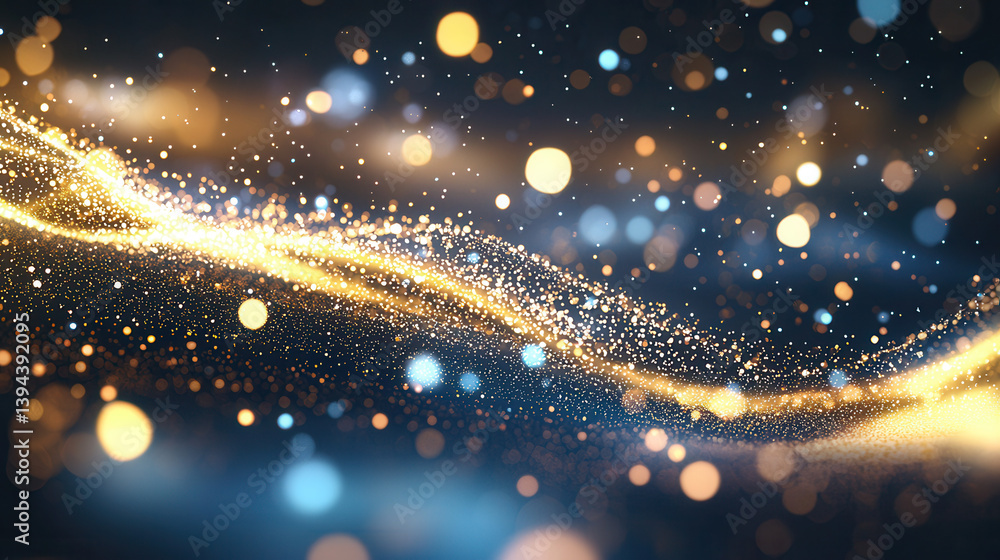 Poster shimmering gold and deep navy abstract background with glowing particles and bokeh lights, creating 