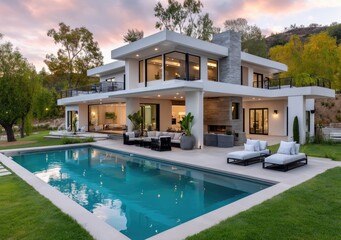 Fototapeta premium front view of an ultra-luxury villa in Bali, featuring a pool and terrace, captured at night.