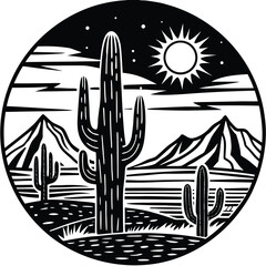 Desert Landscape Silhouette With Cacti, Mountain, Stars. Round Icon, Black