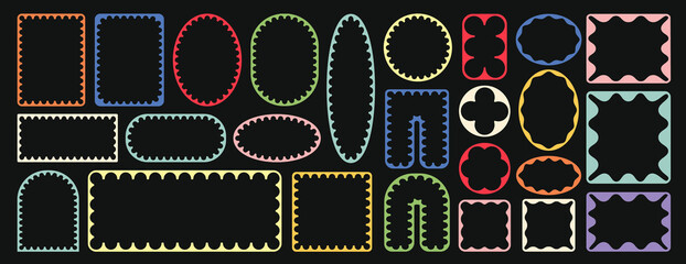 Fototapeta premium Psychedelic y2k squiggle photo frame, doodle rectangle, circle, label, text message box icon, sticker, brutal silhouette pattern or groovy flower shape collection with retro border or wavy zigzag edge