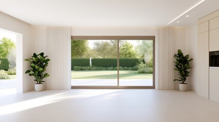 Obraz premium Modern open-plan living area with garden views