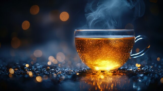 Aromatic elixir a cup of steaming hot tea on a dark background with bokeh lights