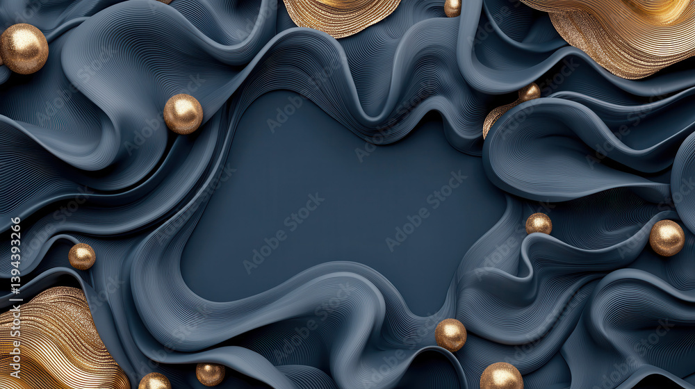 Poster elegant navy and gold abstract composition with flowing fabric like textures and metallic spheres, c