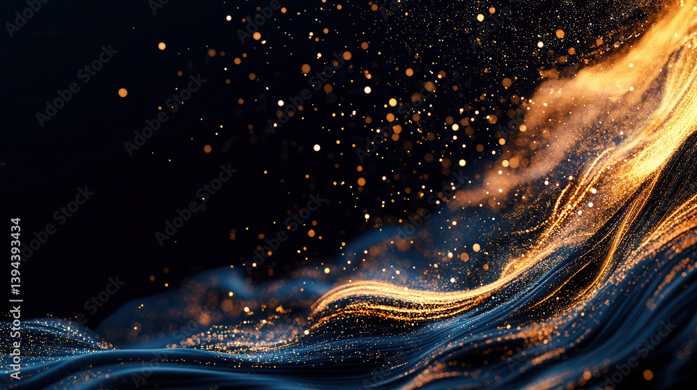 Poster golden particles and glowing waves create mesmerizing abstract design on dark background