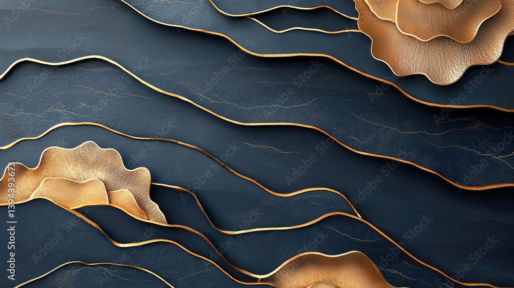Poster elegant navy blue and gold abstract design with flowing metallic textures and layered patterns