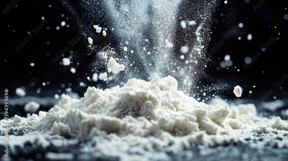 Poster a mound of flour bursts with fine particles scattering in the air against a dark background, creatin