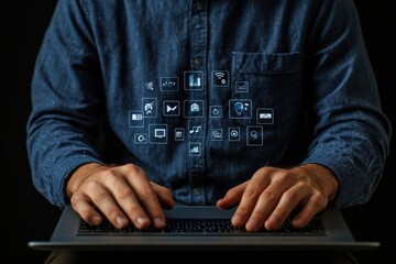 Person working on a laptop with digital icons overlayed