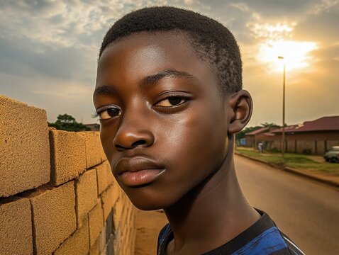 Portrait of a Young African Boy Sweating Profusely in Sunlight Near a Brick Wall With Sun Flare and Blurred Road Background on Warm Sunny Day