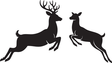 Black Silhouette of Jumping Deer Couple – Male and Female Deer Wildlife Vector on White Background