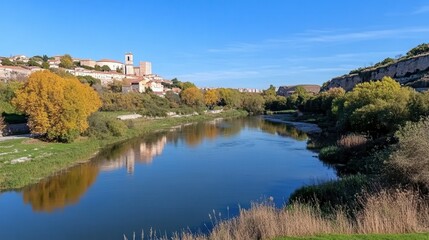 Obraz premium Serene river landscape with autumn trees and historic buildings in background