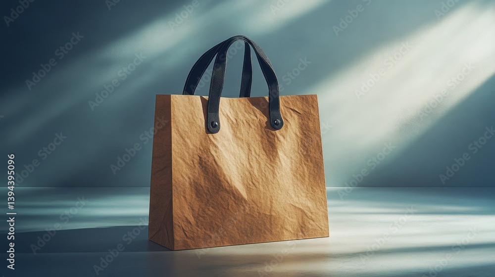 Poster a simple brown paper shopping bag with black handles illuminated by soft light, creating a minimalis