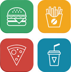 3D food icons set – burger, fries, pizza, and drink in colorful square buttons