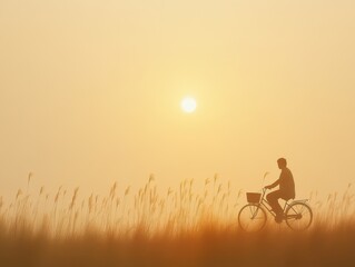 Silhouette of Person Cycling on Bicycle Through Golden Field at Sunrise or Sunset with a Warm Glow and Natural Landscape Background
