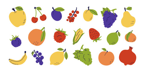 Fruit bundle. Banana, plum and pomegranate. Strawberry, lemon, lime and mandarin. Apple and grapes. Color illustration collection. Vector set