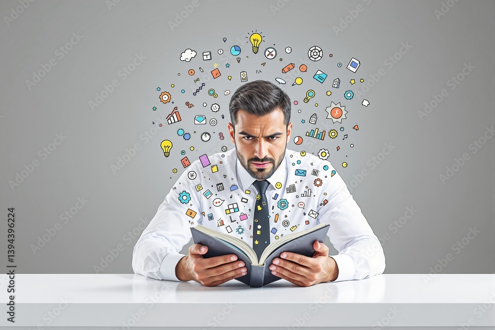 Poster businessman reading book with abstract knowledge icons on light background.