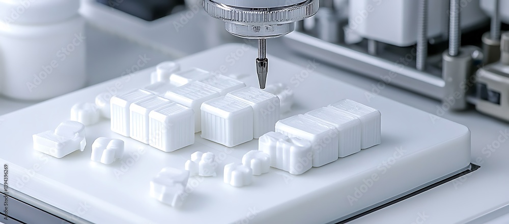 Poster Automated machinery precisely creates white objects on a clean platform