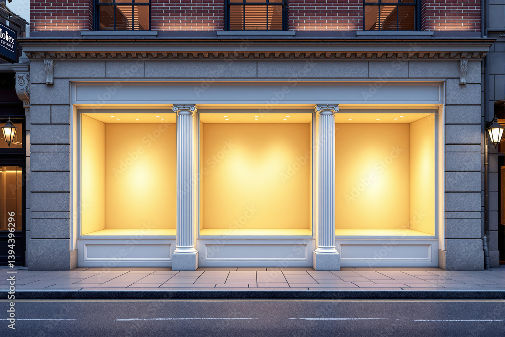 Poster Elegant storefront with illuminated empty display windows.