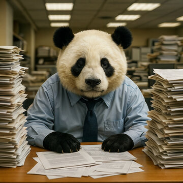 Escena graciosa de un Oso Panda con camisa y corbata sentado en una oficina con monta&ntilde;as de papeles - ambiente tenso