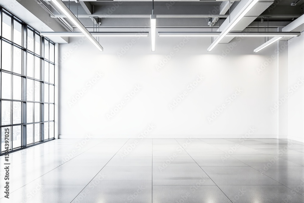 Poster modern empty office space with bright lighting and large windows.