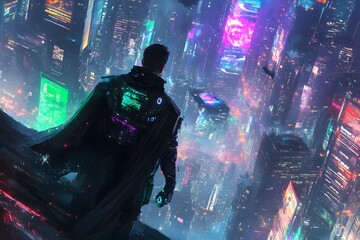 Sorcerer Wielding Holographic Spells in Neon Lit Dystopian Cityscape