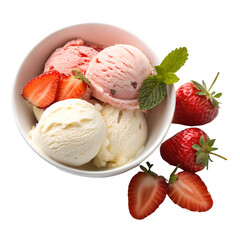 Ice cream with strawberries on white bowl top view isolated on white background