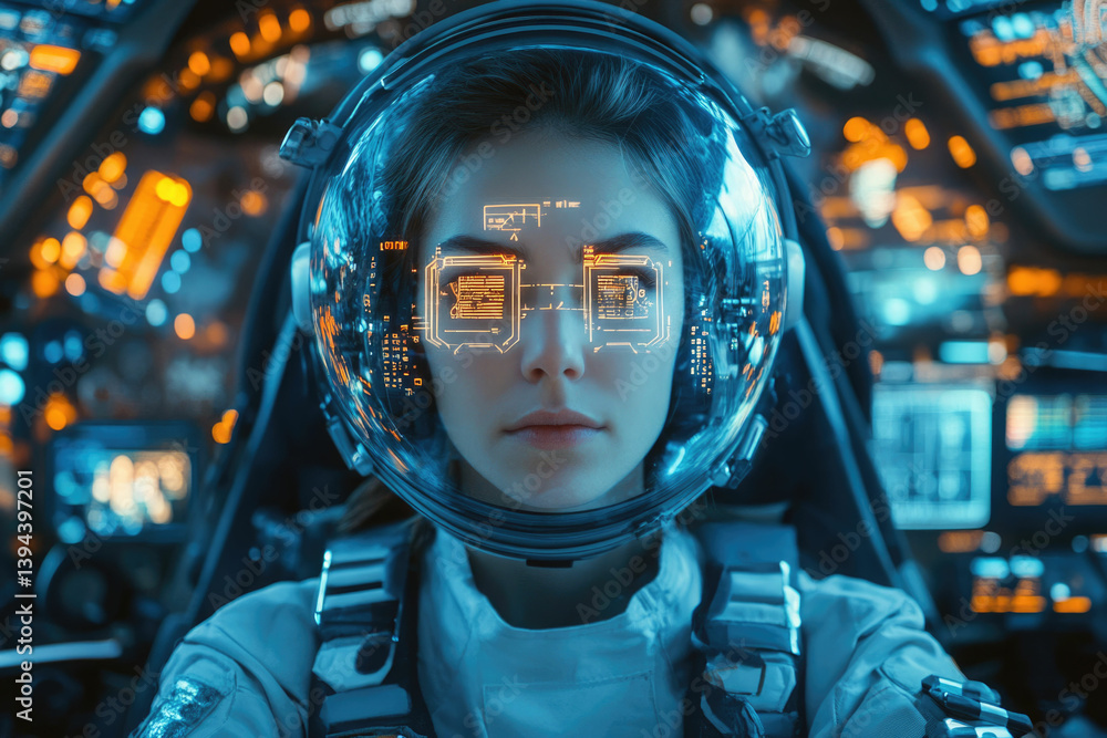 Aufkleber a female astronaut in a spaceship cockpit, wearing a high-tech helmet displaying data, ready for spa