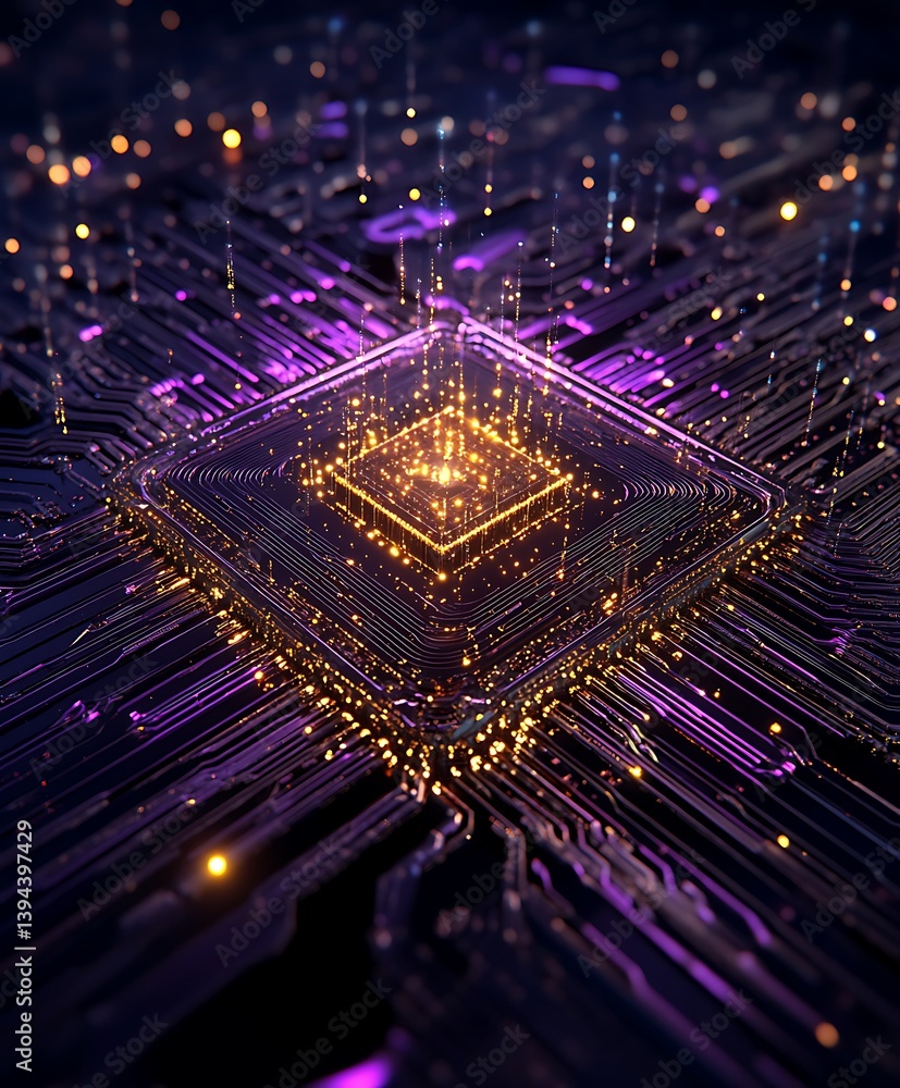Poster an illuminated computer chip with circuits and energy pathways is visualized