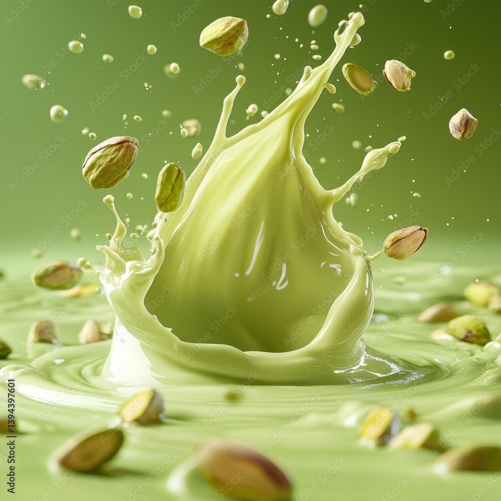 Poster a vibrant splash of green liquid surrounded by scattered pistachio nuts, creating a visually appeali