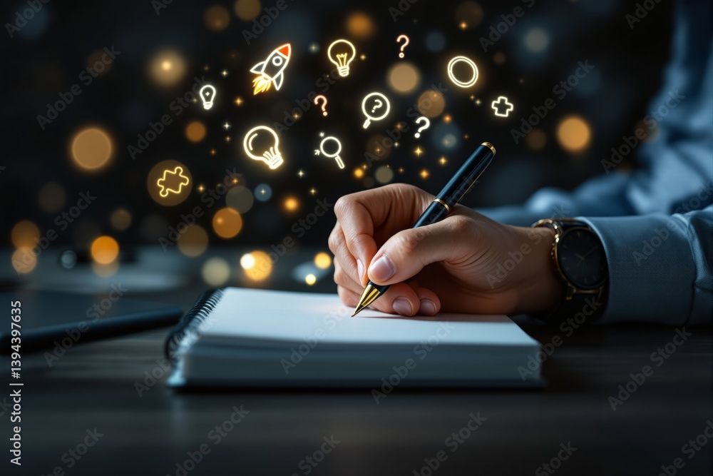 Aufkleber hand writing in a notebook with glowing business-related icons floating above, representing ideas an