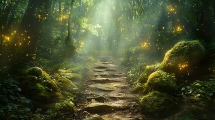 Obraz premium Enchanted Forest Pathway with Glimmering Fairy Lights and Dreamy Soft Focus