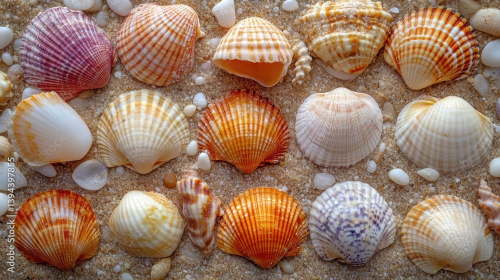 Poster a colorful arrangement of various seashells resting on sandy beach, showcasing intricate patterns an