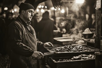 Street Vendor Cooking Food on Grill at Night Market with Steam and Smoke in an Urban Setting With Hat and Apron in Dark Tone